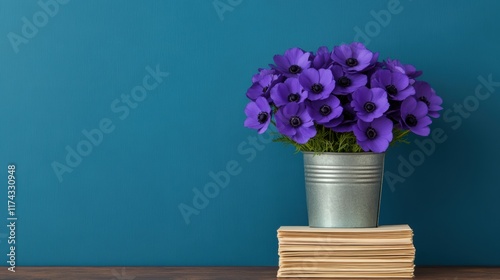 Vibrant purple flowers in metal pot on stacked books against blue wall