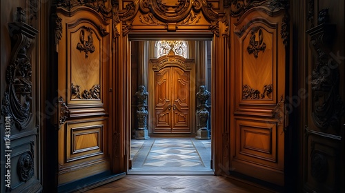 Ornate Wooden Doors Leading To A Grand Interior