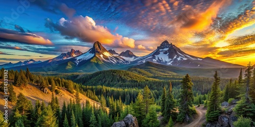 Oregon Cascade Range Three Sisters Fisheye Panorama