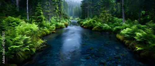 Serene Forest Landscape with Clear Stream and Lush Green Ferns Surrounded by Tall Evergreen Trees