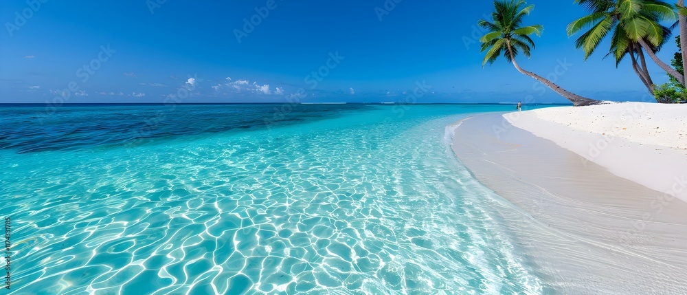 Fototapeta premium Tranquil Tropical Beach with Clear Turquoise Water and Lush Palms Under a Bright Blue Sky