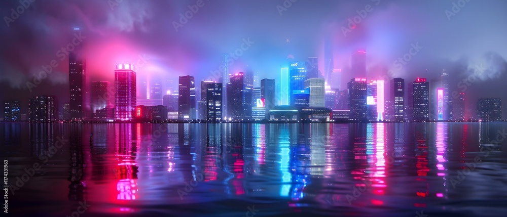 Vibrant Urban Cityscape at Night with Colorful Neon Lights and Reflections on Water Surface Vibrant Urban Cityscape at Night with Colorful Neon Lights and Reflections on Water Surface