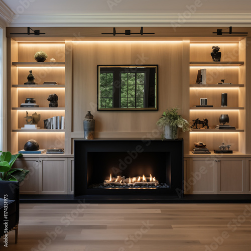 Modern Living Room with Builtin Oak Shelves Fireplace and Decor