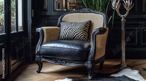 Elegant black leather armchair, cane detail, zebra pillow, dark room, interior design