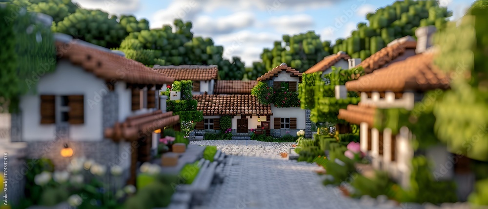Charming suburban village scene with blooming gardens and rustic houses in vibrant colors, featuring soft sunlight and clear blue sky Charming suburban village scene with blooming gardens and rustic houses in vibrant colors, featuring soft sunlight and clear blue sky