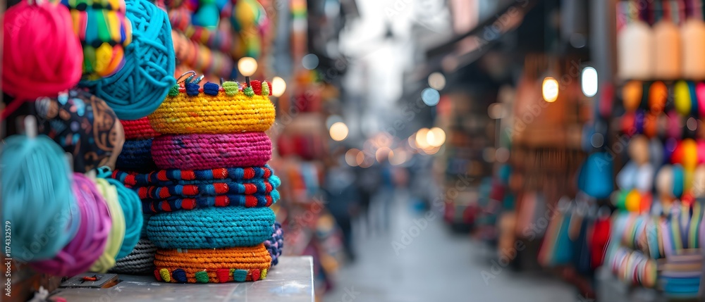 Fototapeta premium Colorful Yarn and Handcrafted Textiles for Sale in a Vibrant Artisan Market Scene