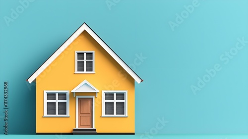 Bright Yellow House with Windows Against a Blue Background in a Minimalist Style for Home and Real Estate Concepts
