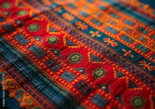 Vibrant textile design featuring intricate patterns from traditional craftsmanship