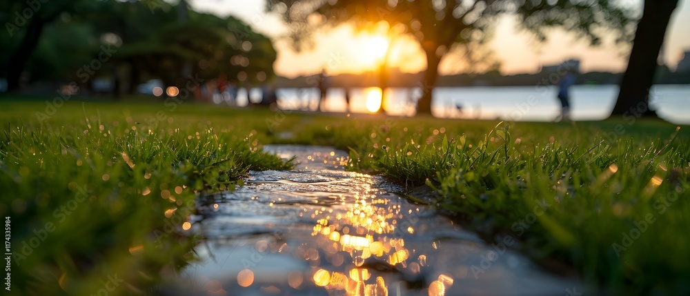 Fototapeta premium Sunset Over Tranquil Lake with Pathway and Glowing Reflections on Water Surrounded by Lush Green Grass