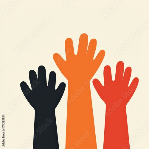A stylized illustration of raised hands in different colors, symbolizing diversity, unity, and support.
