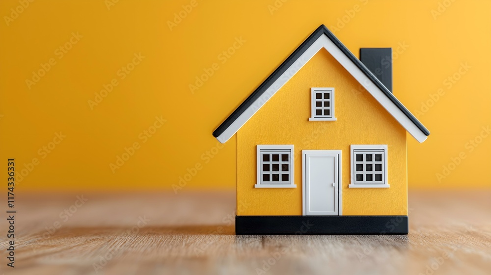 Bright Yellow House Model on Wooden Surface Against Yellow Background in Minimalist Style Bright Yellow House Model on Wooden Surface Against Yellow Background in Minimalist Style