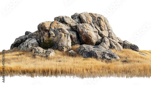 Savannah landscape featuring large rocky stone formations with grass isolated on white background. Suitable for marketing or business purposes photo