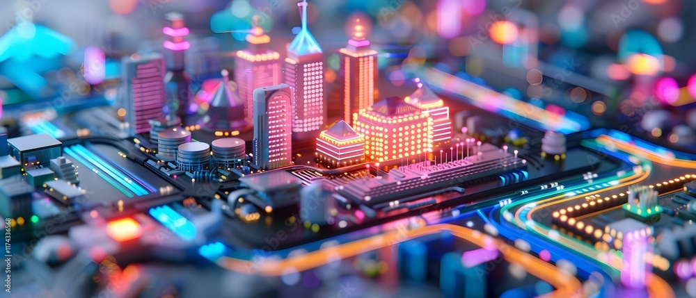 Obraz premium Futuristic Cityscape with Neon Lights and Digital Infrastructure in a Vibrant Urban Environment