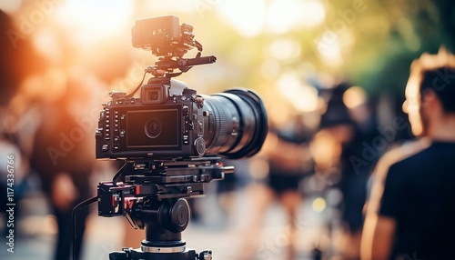 A camera on a tripod captures a vibrant outdoor scene with people in the background.