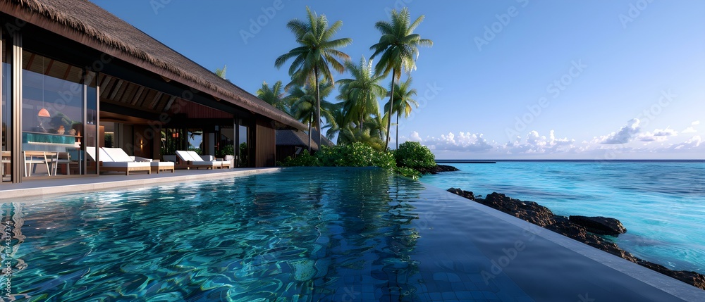Obraz premium Tranquil Luxury Villa Overlooking Crystal Clear Waters and Tropical Palm Trees in a Serene Island Paradise