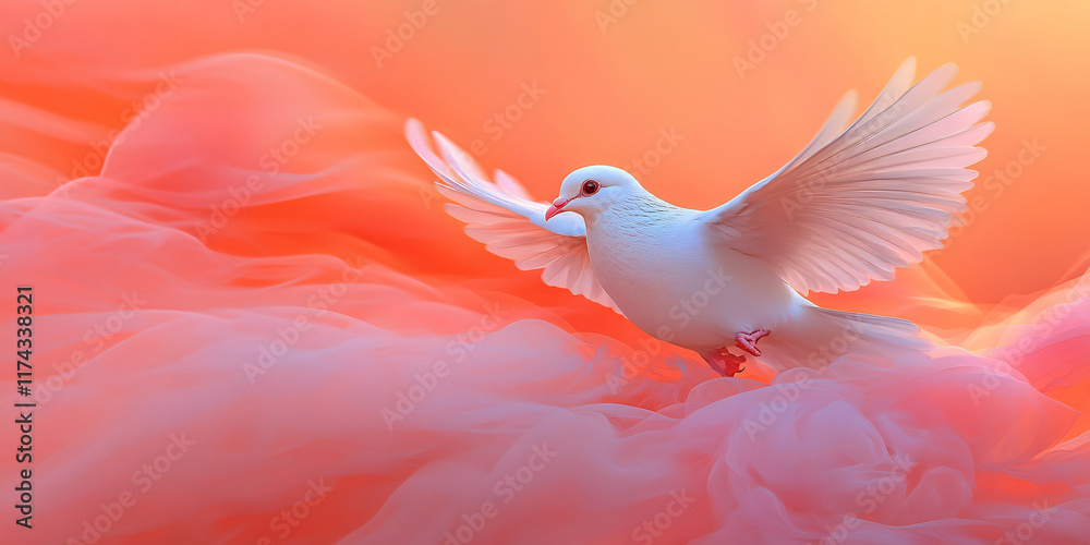Fototapeta premium A white dove soars gracefully through soft, peach-colored clouds,