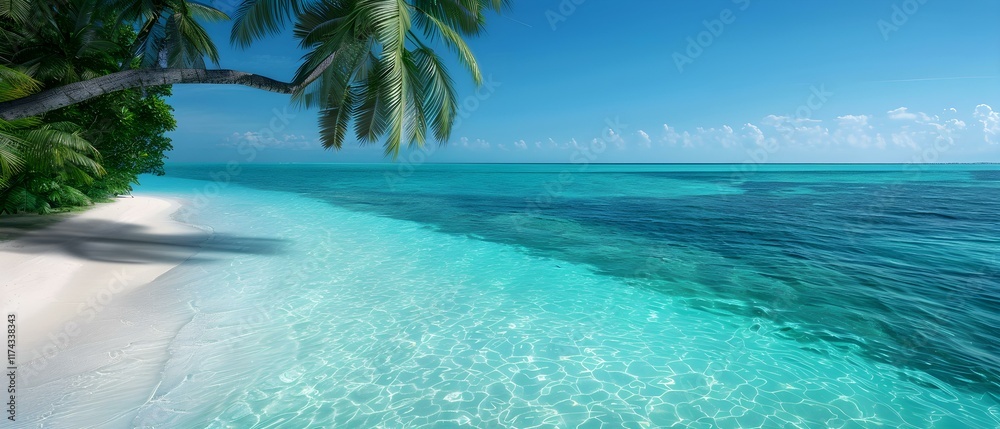 Fototapeta premium Serene Tropical Beach with Clear Turquoise Water and Lush Green Palms Under a Bright Blue Sky
