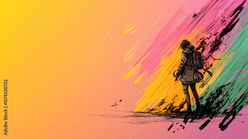 Fototapeta premium bold anime inspired scene featuring character in dynamic action, surrounded by vibrant colors and expressive brush strokes. artwork captures sense of adventure and creativity