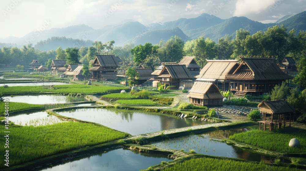 Fototapeta premium Ancient Asian village with paddy fields.