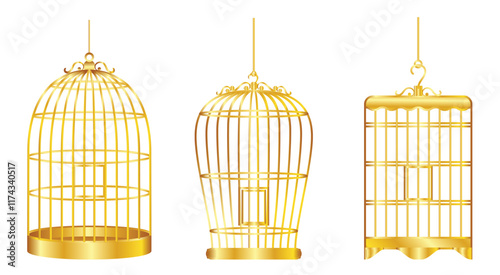 Set illustration of three luxurious gold bird cages, each with unique designs and intricate details. The cages have an antique finish, embodying a blend of vintage and elegant styles, ideal for
