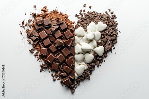 Coração de chocolate para um Dia dos Namorados inesquecível. Tabletes de chocolate espalhados em um fundo branco formam um coração tentador photo