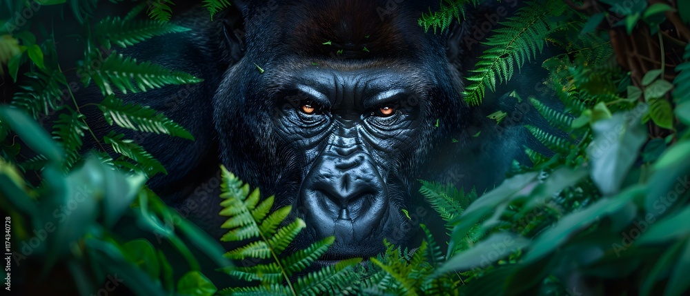 Intense Gaze of a Silverback Gorilla Surrounded by Lush Greenery in a Tropical Forest Environment Intense Gaze of a Silverback Gorilla Surrounded by Lush Greenery in a Tropical Forest Environment