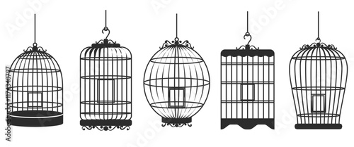 Set illustration of five unique, black silhouette bird cage designs, each hanging from a hook. The image showcases various cage shapes and intricate details, perfect for vintage-inspired decor