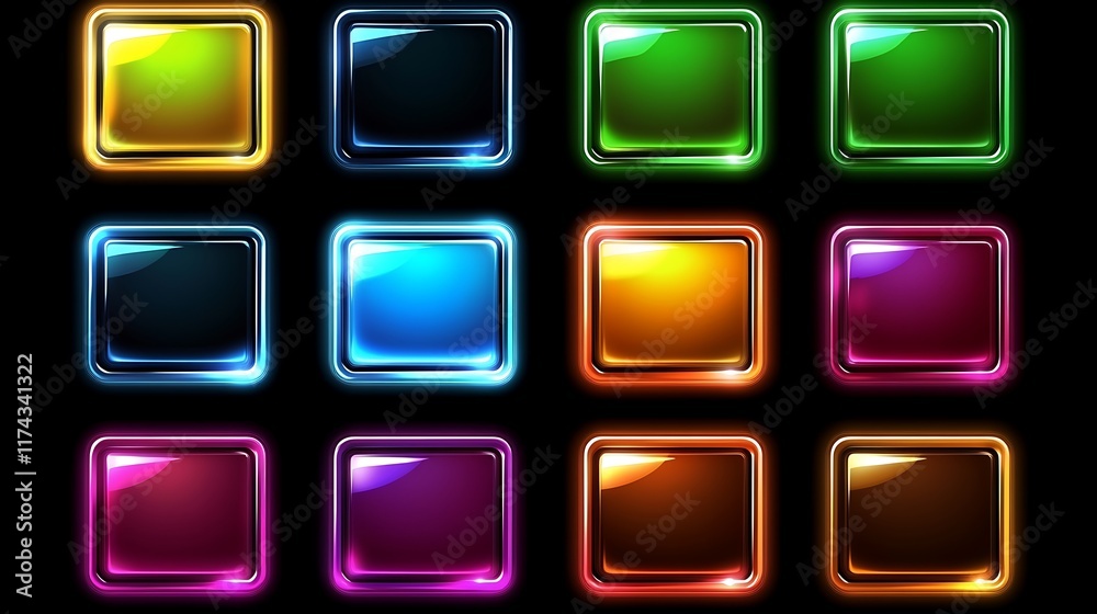 Colorful Glossy Square Buttons With Neon Glowing Frames Colorful Glossy Square Buttons With Neon Glowing Frames