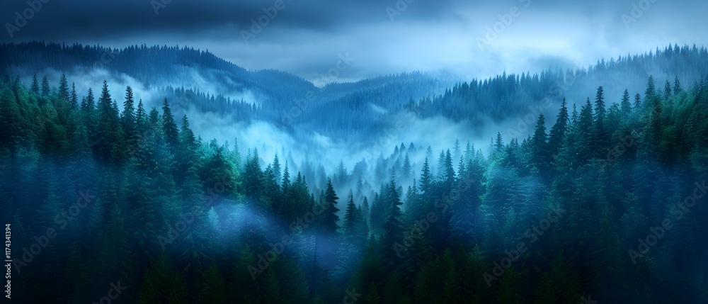 Fototapeta premium Misty Forest Landscape with Lush Green Trees and Dramatic Sky in Early Morning Light