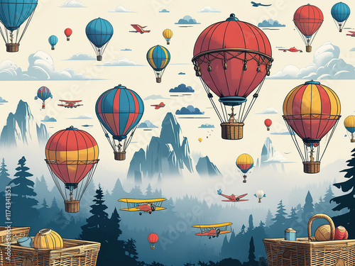 Hot air Balloons and mountains wallpaper mural, kids room illustration, foggy forest, vector, retro airship, boys room decor, planes, balloons, clouds, child room wallpaper design

