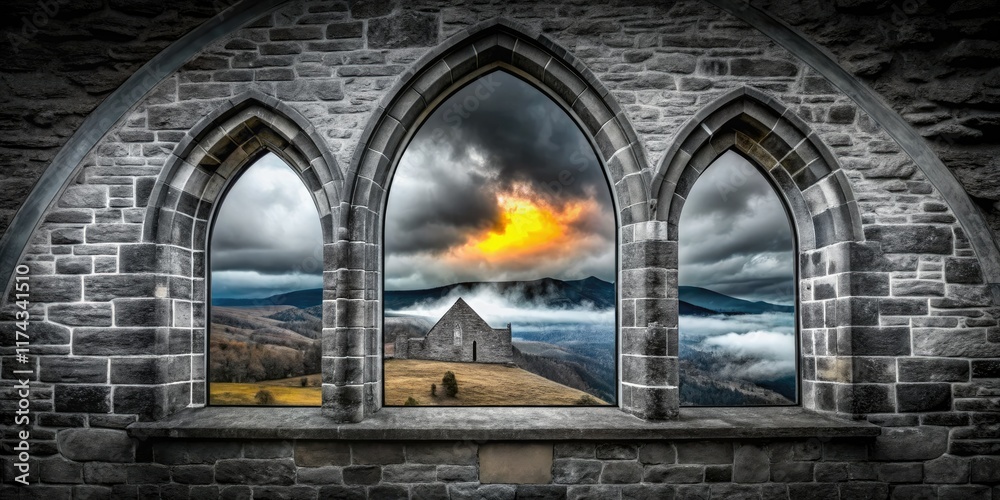 Obraz premium Gothic church architecture dramatically revealed through layered black and white double exposure photography.