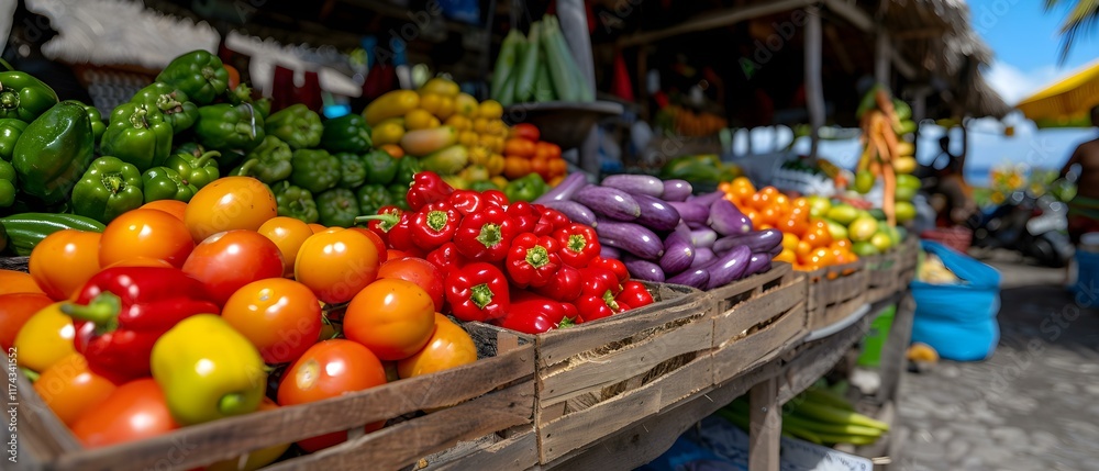 Fresh and Vibrant Display of Colorful Fruits and Vegetables at Outdoor Market Stall Fresh and Vibrant Display of Colorful Fruits and Vegetables at Outdoor Market Stall
