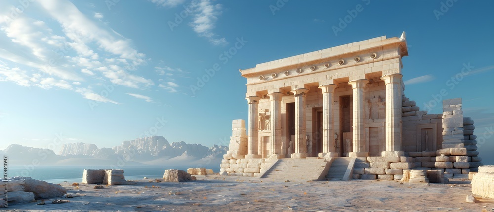 Naklejka premium Majestic Ancient Temple Ruins Against a Clear Blue Sky with Mountains in the Background