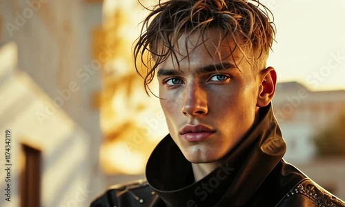 male model in an avant-garde outfit with metallic elements, set in a surreal studio background