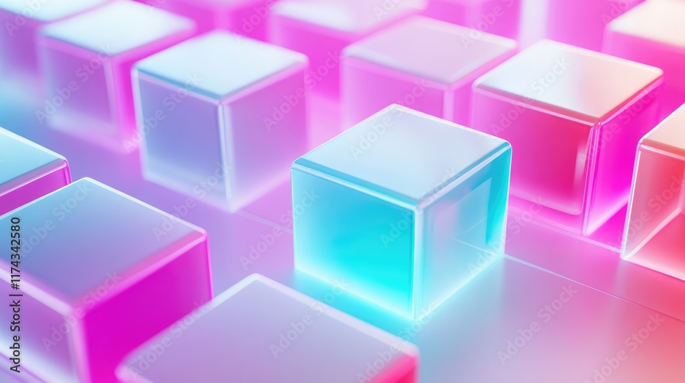 Fototapeta premium Layers of glowing data nodes representing AI research and software innovation on a clean gradient background, leaving room for copy space.