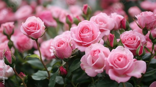 Field of pink roses flowers production under a greenhouse