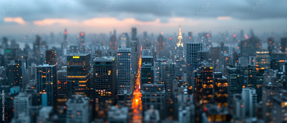 Fototapeta premium Cityscape at Dusk with Glowing Urban Lights Overlooking a Skyline with Dramatic Cloudy Sky