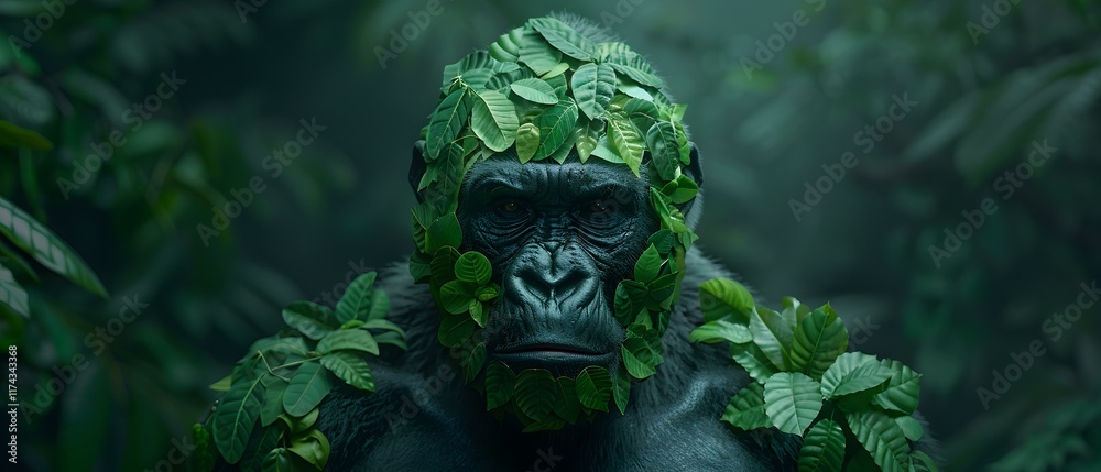 Majestic Gorilla Surrounded by Lush Green Leaves in a Dense Jungle Setting Majestic Gorilla Surrounded by Lush Green Leaves in a Dense Jungle Setting