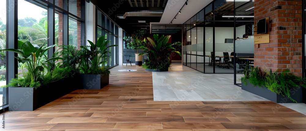 Fototapeta premium Modern office interior design with plants, wooden flooring, and large windows creating a bright and spacious atmosphere