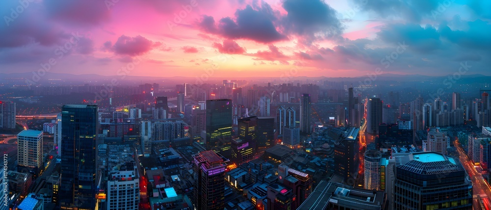 Fototapeta premium Panoramic View of Urban Skyline During Twilight with Vibrant Colors and Clouds Reflecting Sunset Light