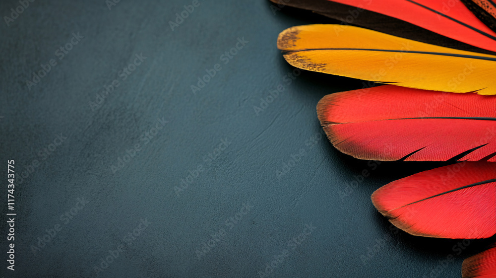 Colorful tropical bird feathers in vibrant red, yellow, and black against dark background create striking visual. texture and colors evoke sense of nature beauty and diversity Colorful tropical bird feathers in vibrant red, yellow, and black against dark background create striking visual. texture and colors evoke sense of nature beauty and diversity