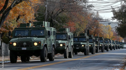Military convoy on an autumn day driving through a quiet urban neighborhood with fallen leaves