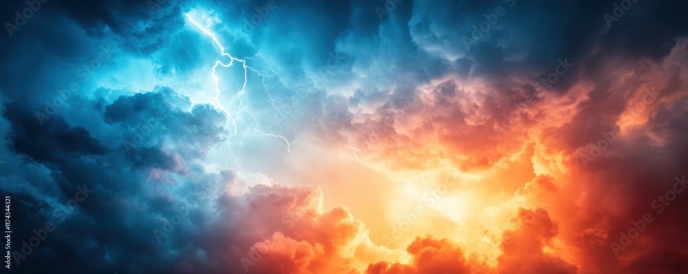 Dramatic Lightning Storm, Fiery Orange and Blue Clouds Clash Dramatic Lightning Storm, Fiery Orange and Blue Clouds Clash