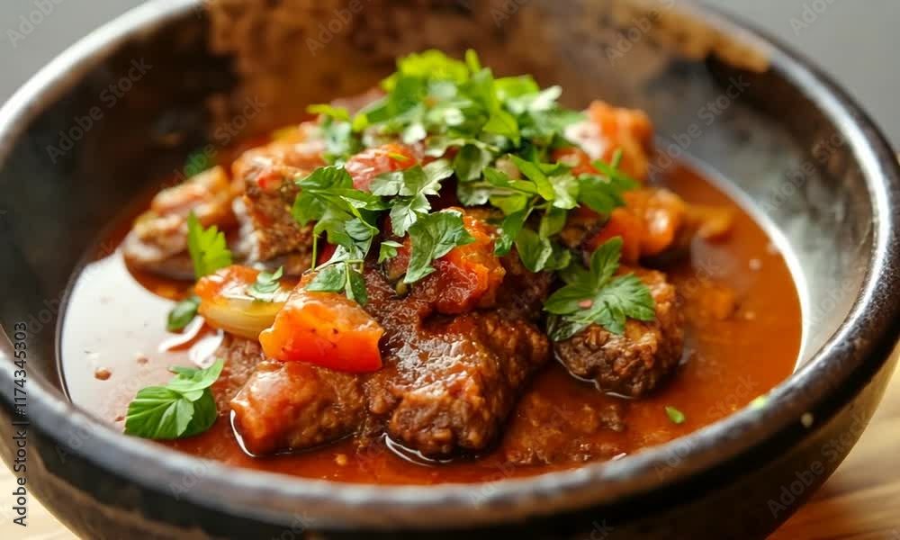 A bowl of hearty meat stew topped with fresh herbs and vegetables. A bowl of hearty meat stew topped with fresh herbs and vegetables.