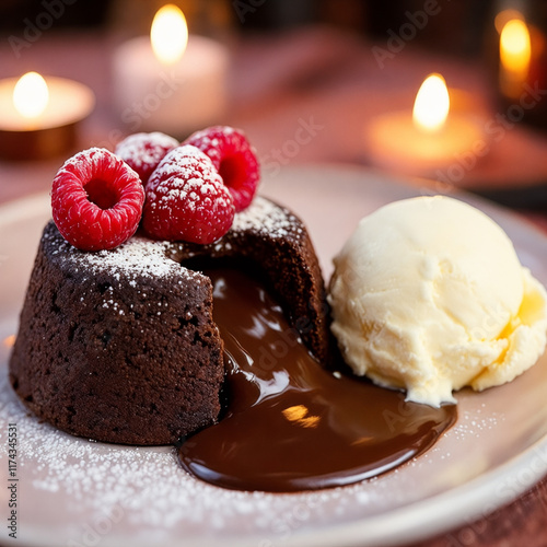 Chocolate Lava Cake with Ice Cream and Raspberries