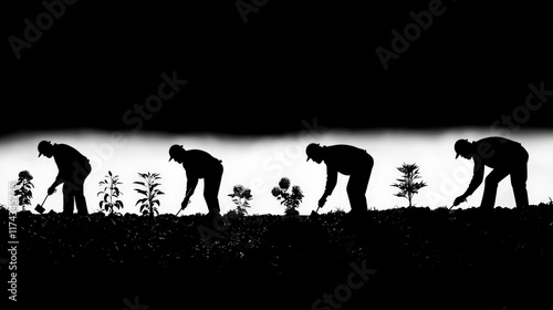 Silhouettes of Gardeners Planting Flowers  Teamwork  Agriculture
