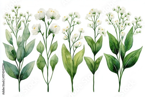 Wallpaper Mural A collection of watercolor illustrations of various white flowers and green leaves. Torontodigital.ca