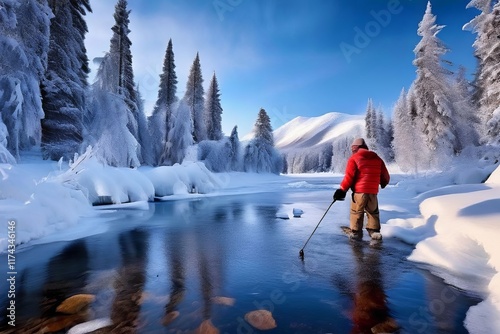 winter fishing ice fishing or fly fishing in frozen rivers and l photo