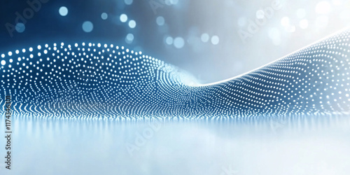 Abstract digital art depicting a wave of luminous blue dots,