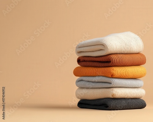 A stack of cozy woolen sweaters, soft beige background